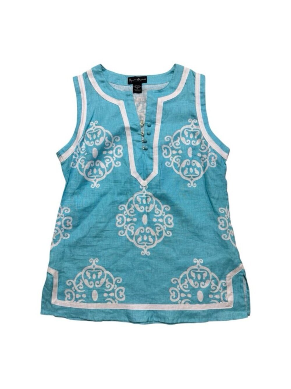 Mercer Madison 100% Linen Aqua White Print Sleeveless Tunic Top Medium